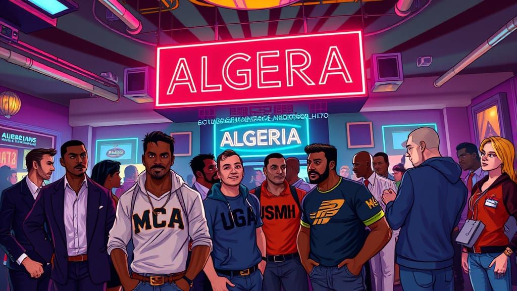 Bold Cartoon Nightclub Scene with Neon Sign and Mobsters