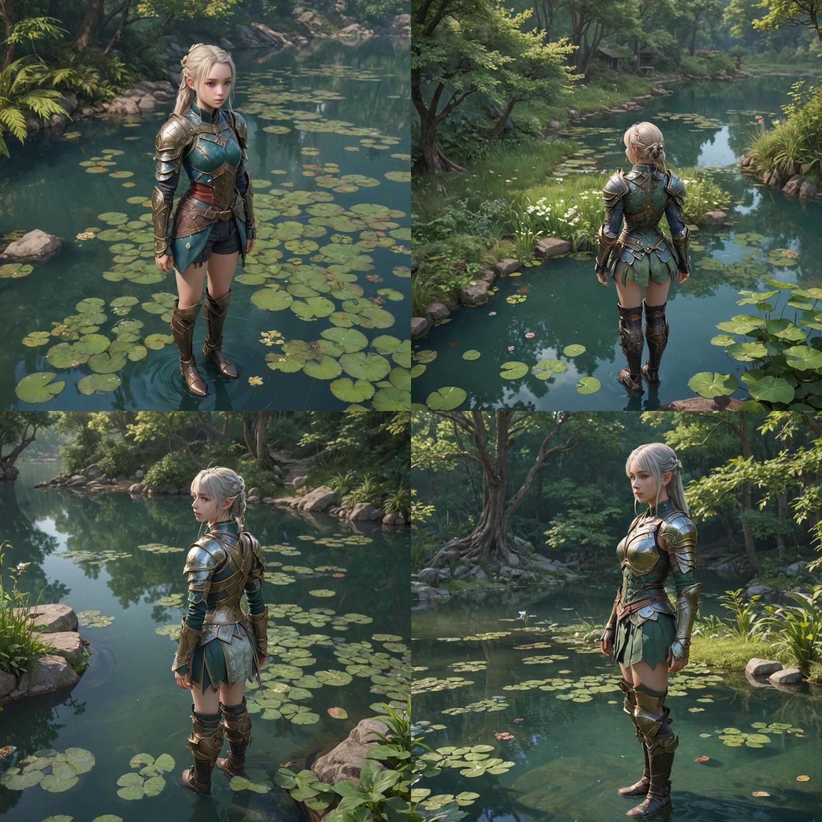 Elven Woman in Patchwork Armor Overlooking Pond