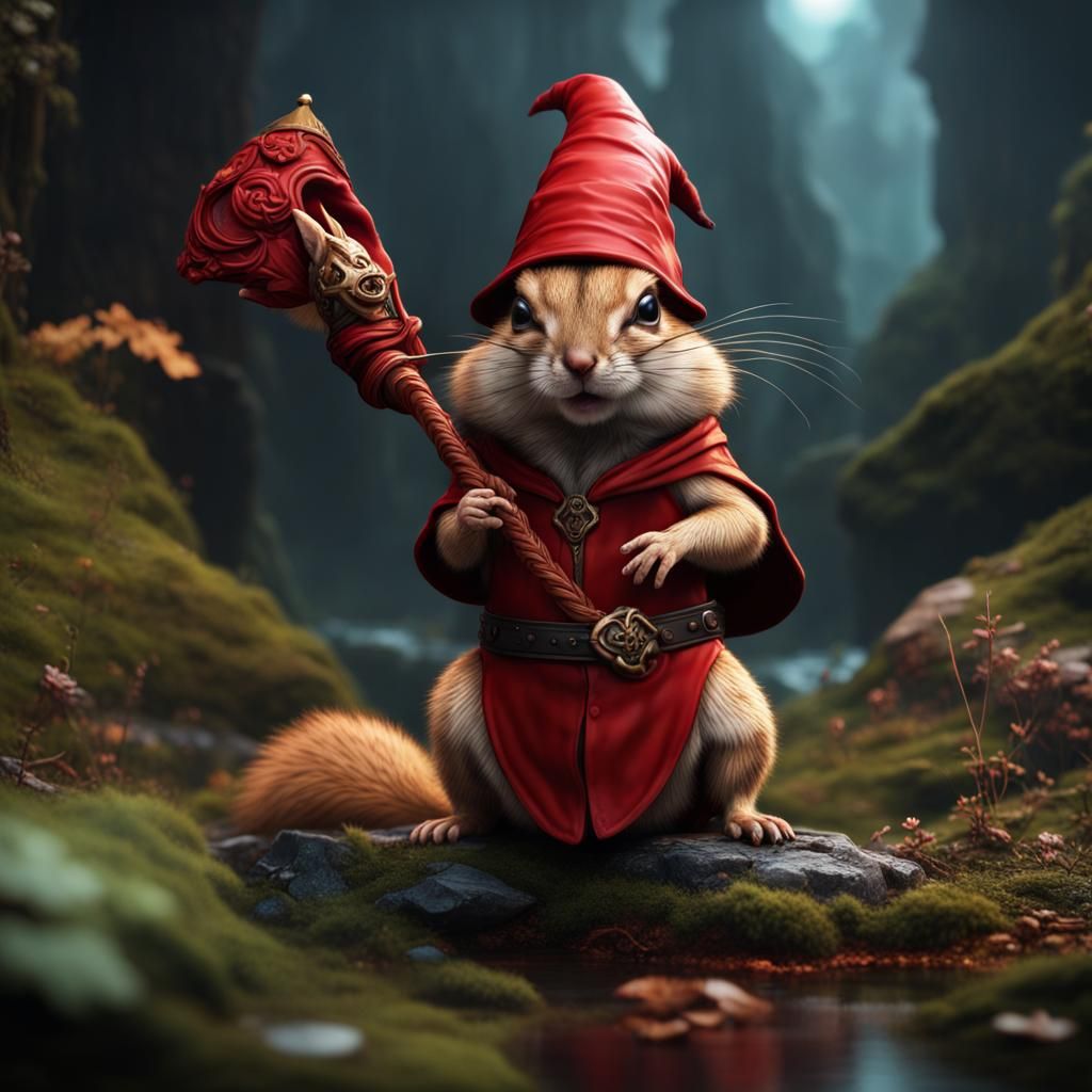 Fantastical Red Wizard Chipmunk in Detailed Matte Painting