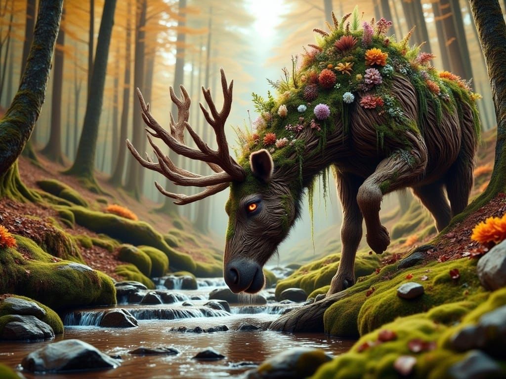 Enchanted Moose Ent Drinks in Autumn Forest