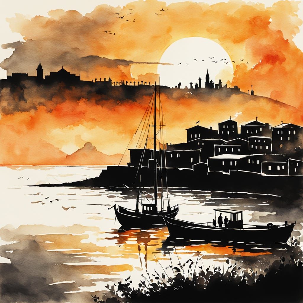 Vibrant Sunset Over a Greek Coastal Village