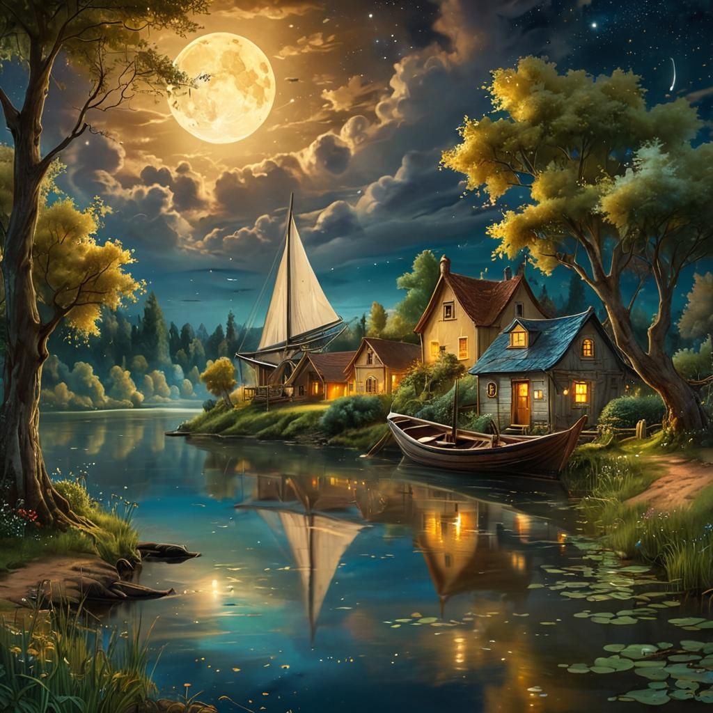 Moonlit River Scene with Lush Forest and Abandoned Sailboat