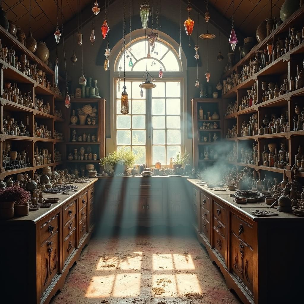 Fantasy Magic Shop Interior with Crystals and Incense