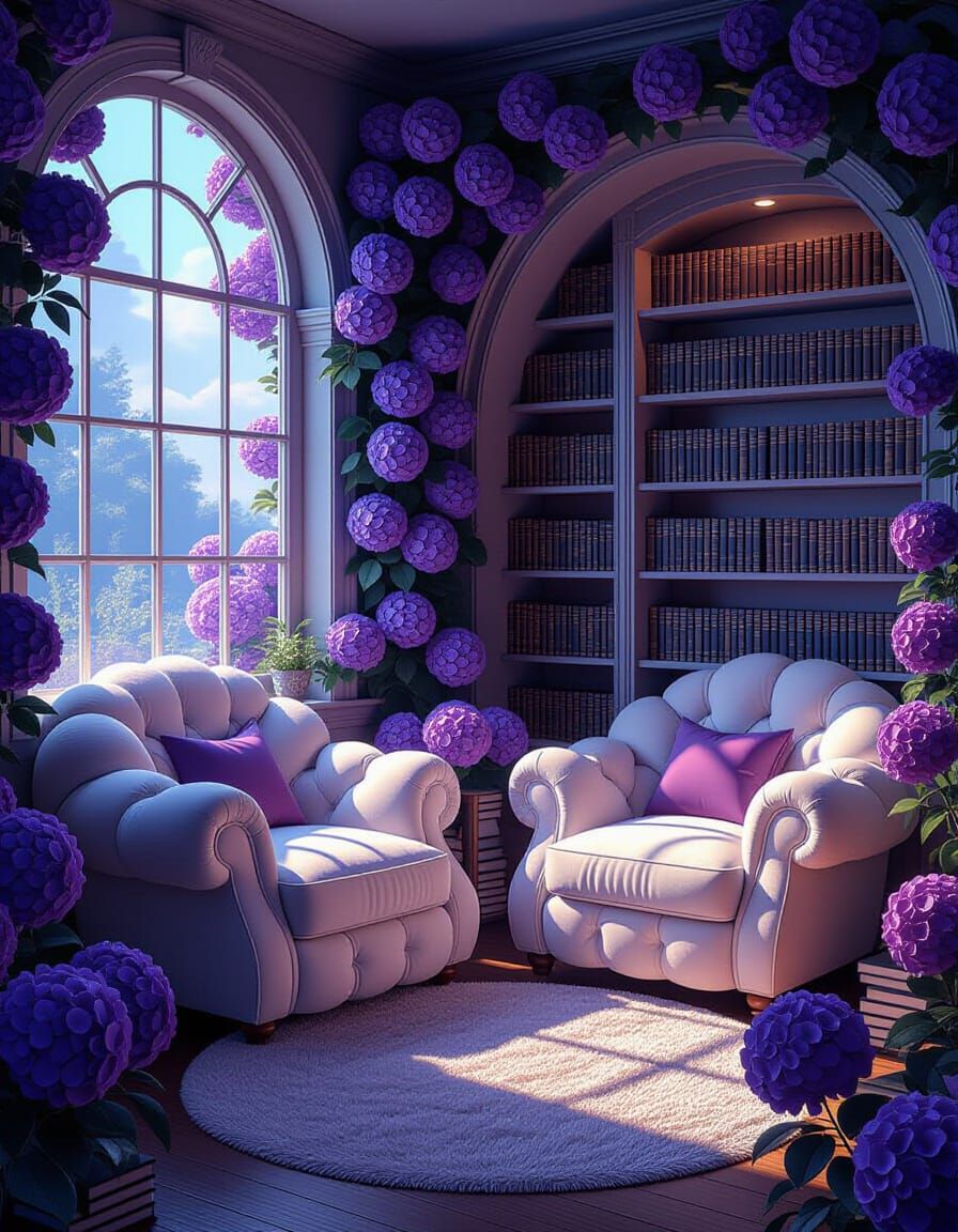 Cozy Reading Nook with Bioluminescent Books and Cloud Armcha...