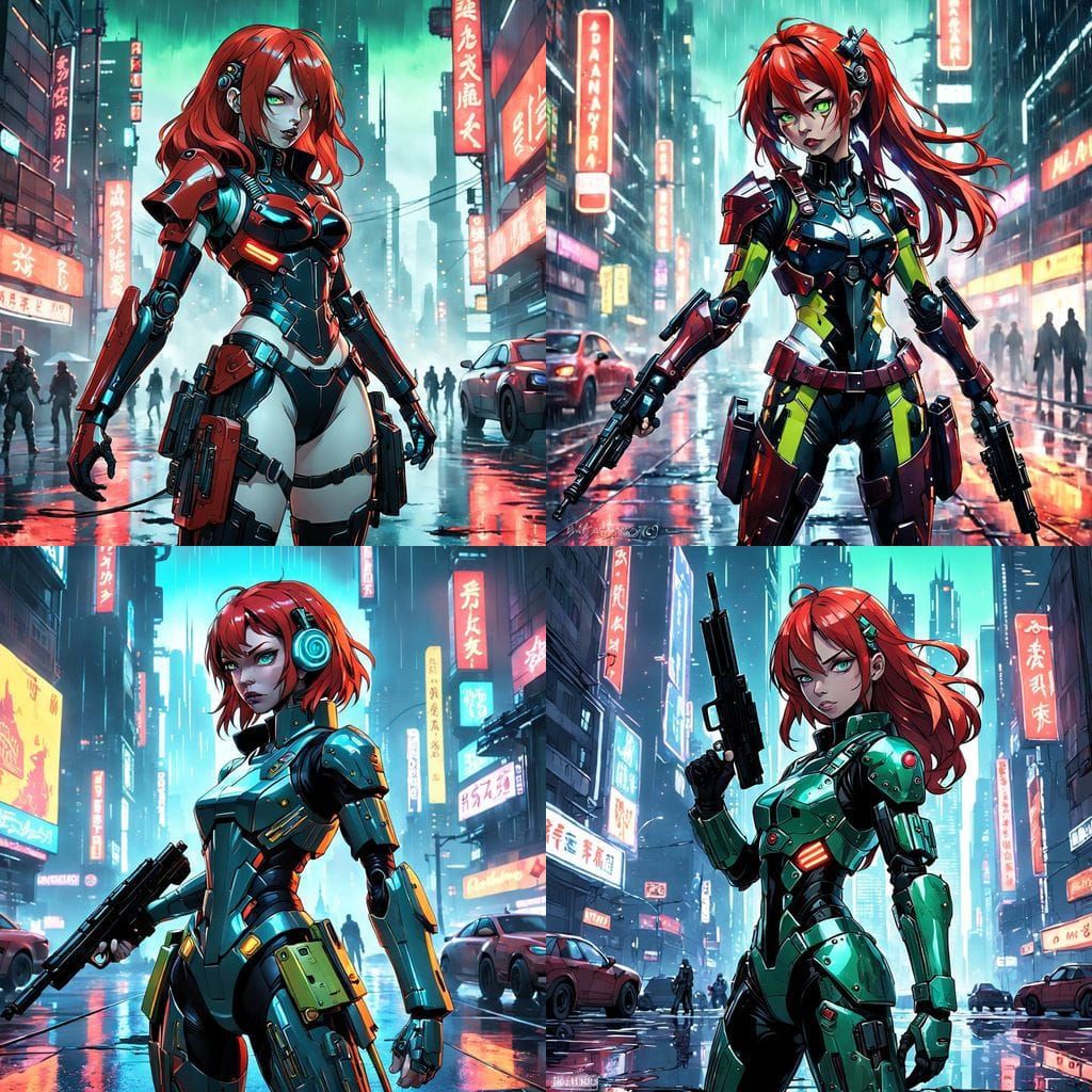 Cyberpunk Combat Gynoid in High-Tech Armor