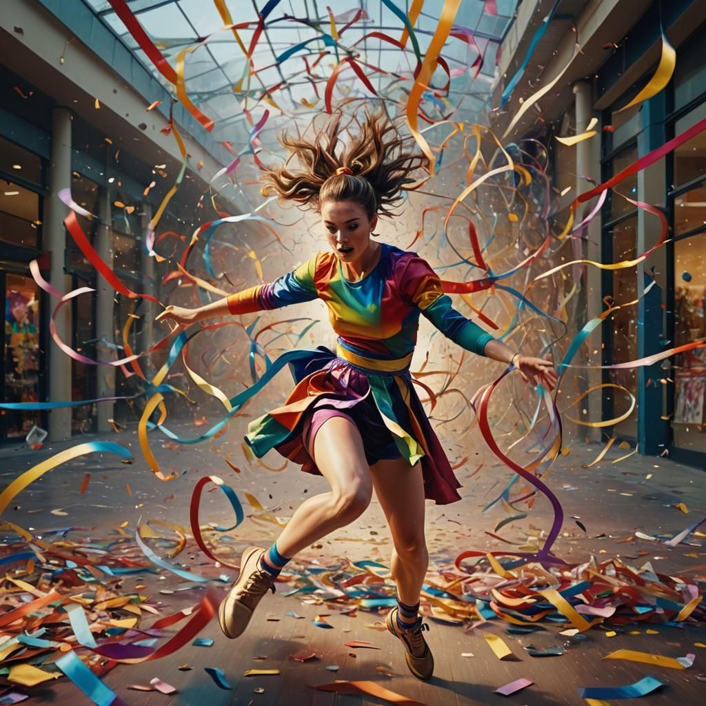 Acrobat Dodging Debris in Storm, Vibrant Oil Painting