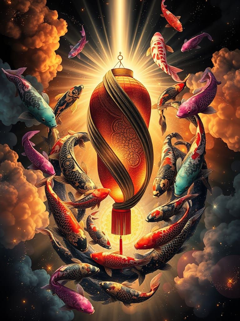 Celestial Lantern with Swirling Rainbow Koi Fish
