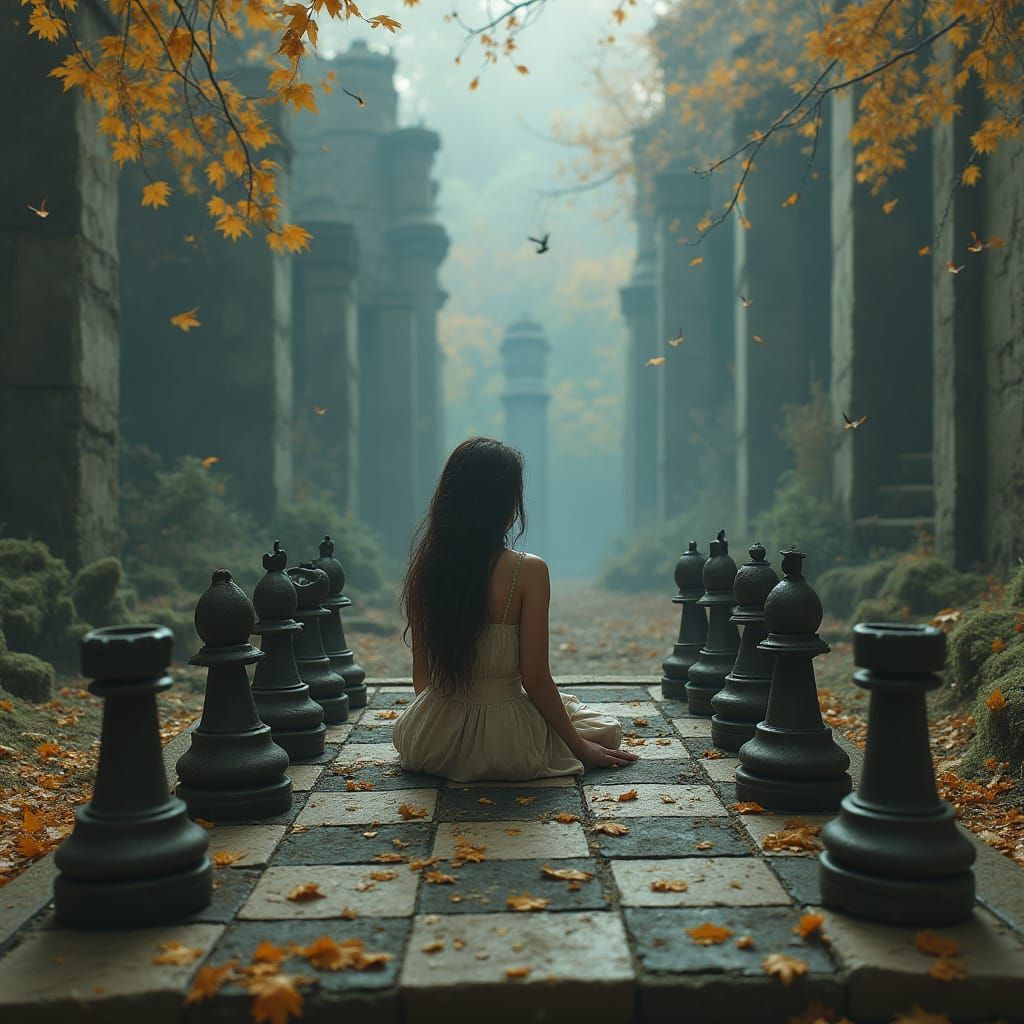 Eerie Chessboard Scene in Ruins: Digital Art
