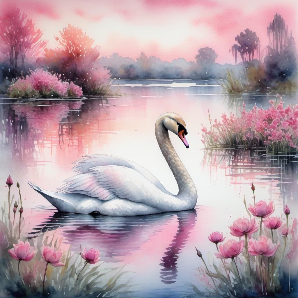 stunning watercolor and ink art of a swan in a lake at dusk ...