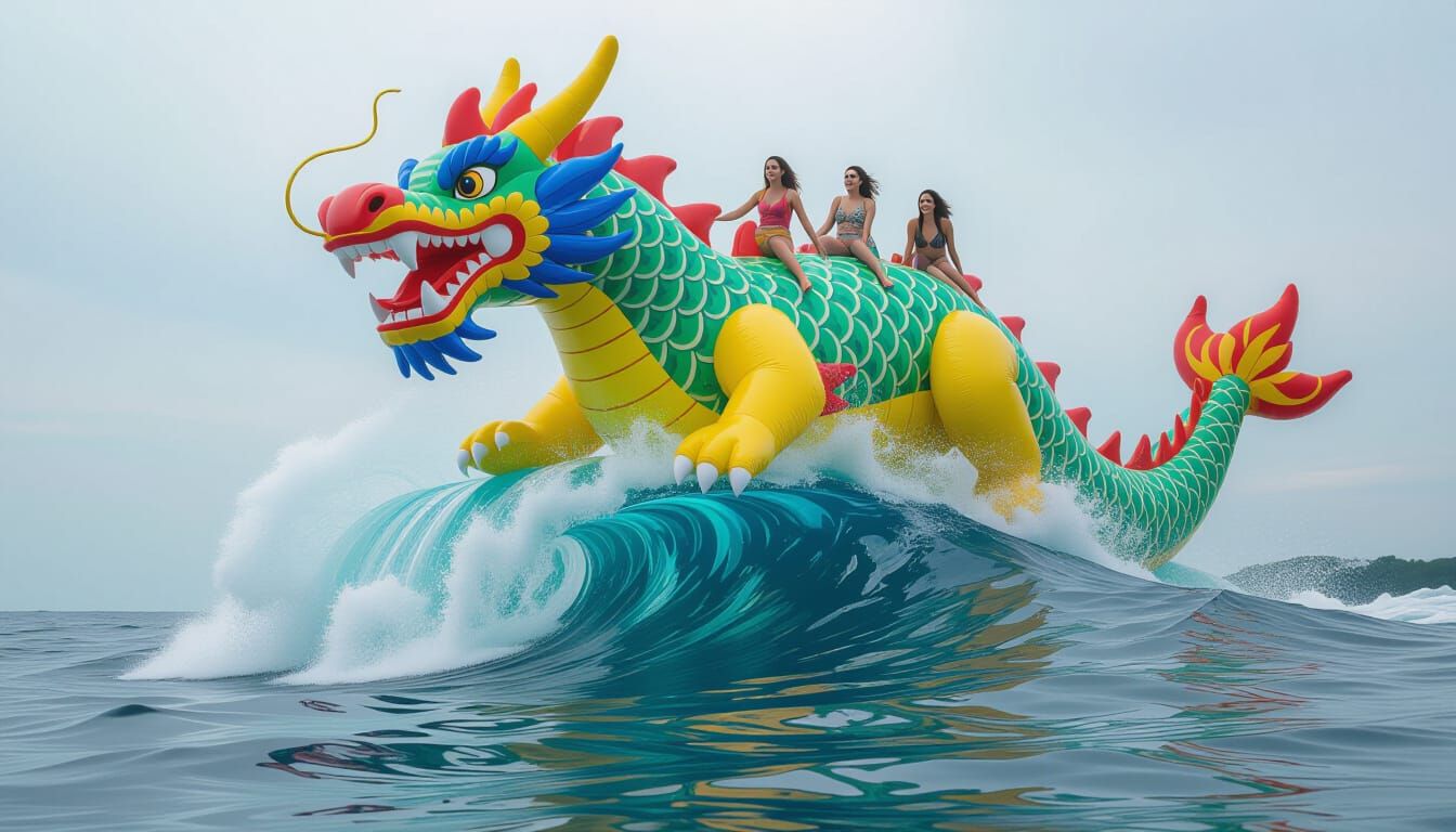 Inflatable Dragon Rides a Towering Wave