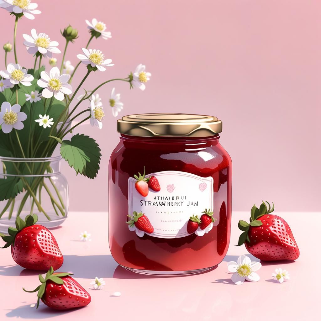 Strawberry Jam Jar with Floral Background in 3D Anime Art