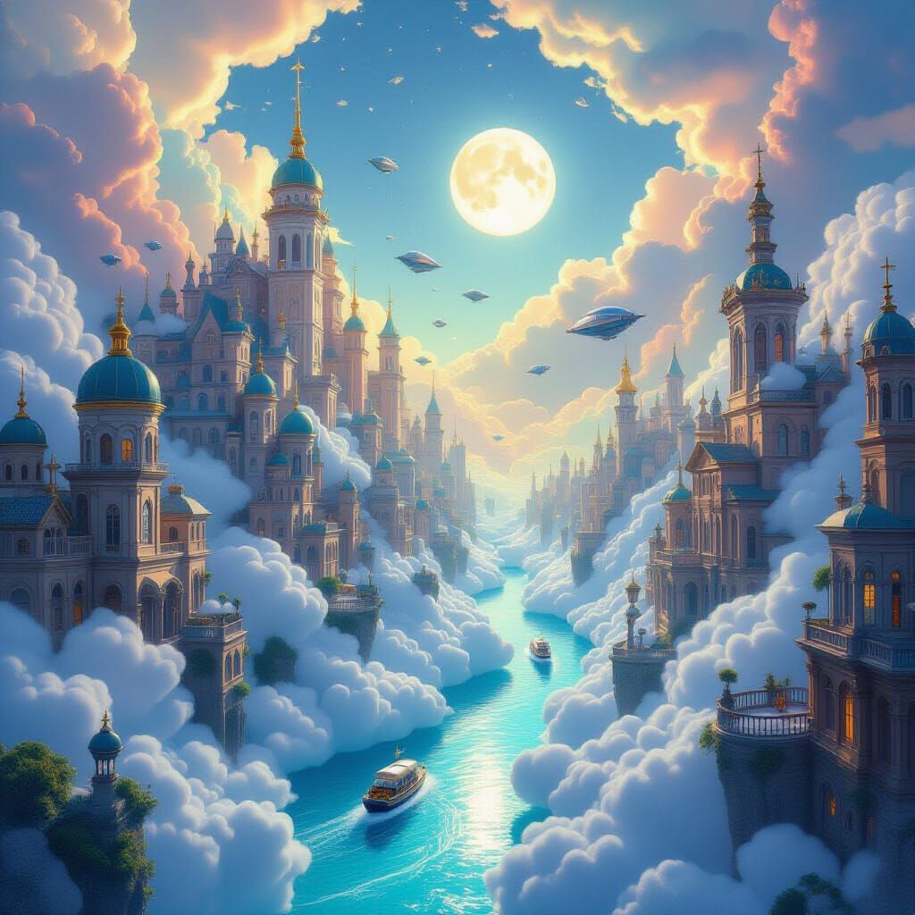 Ethereal Cloud City with Liquid Moonlight Rivers