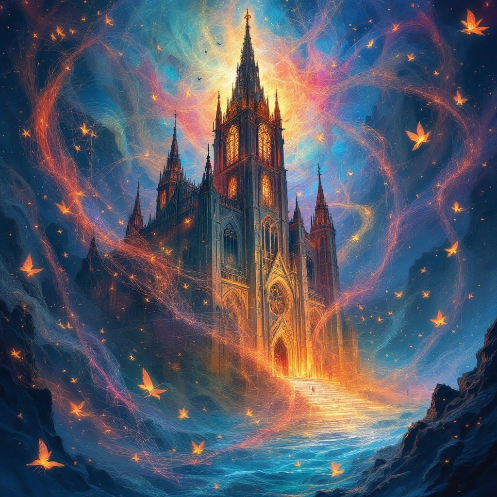 Ethereal Cathedral Erupts from Melodic Sea in Dreamlike, Glo...