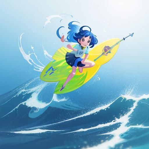 Cute Girl Surfing: Pixar-Style 3D Digital Art