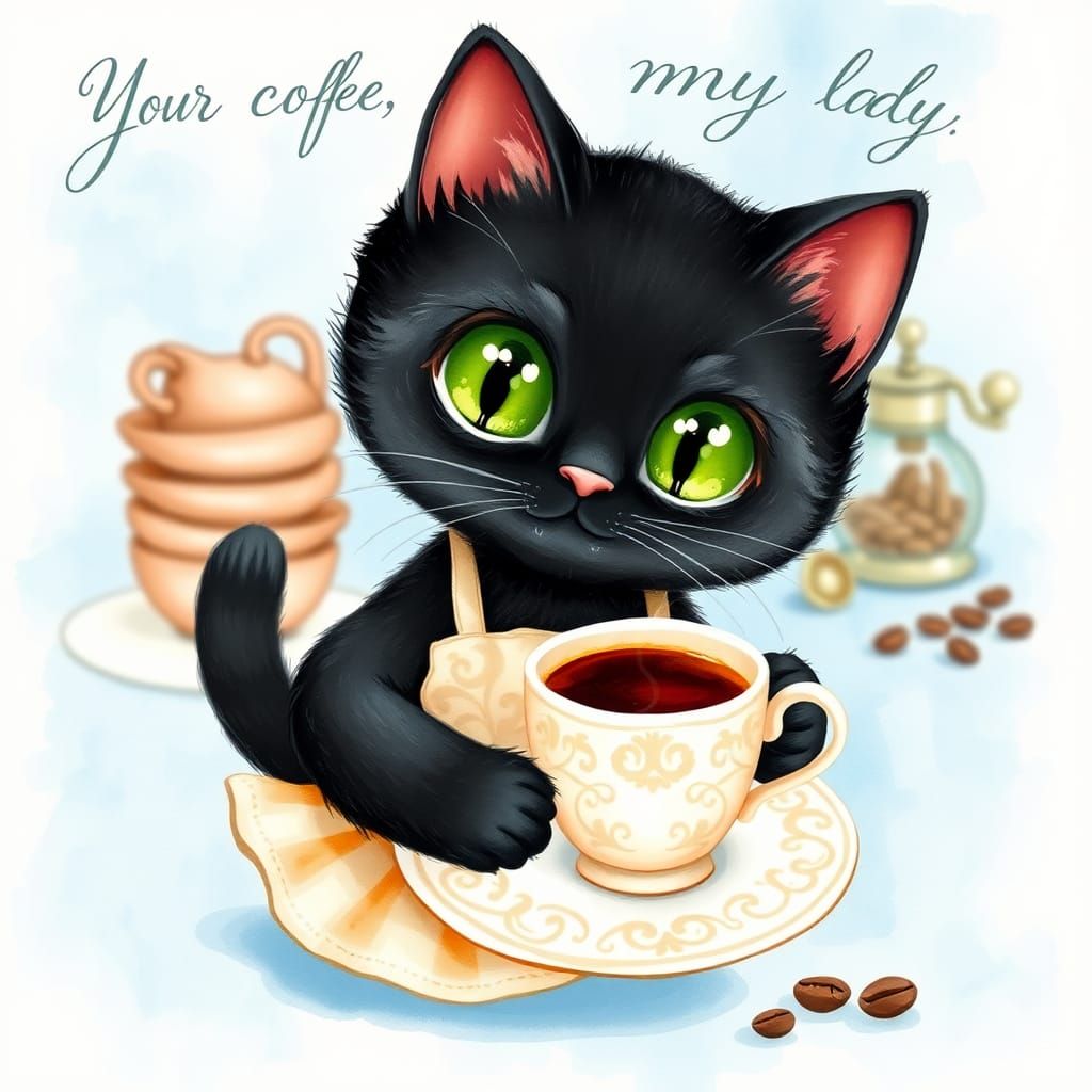 Whimsical Black Kitty Offers Coffee: Watercolor Illustration