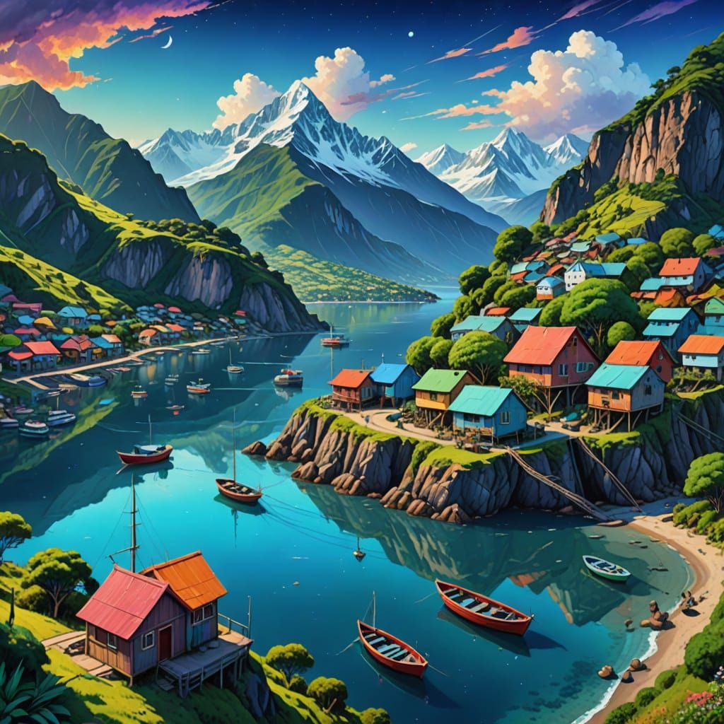 Coastal Village at Mountain Base: Astral Illustration