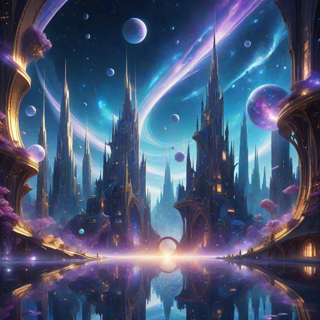 Ethereal Crystalline Cityscape Floating in Cosmic Stardust