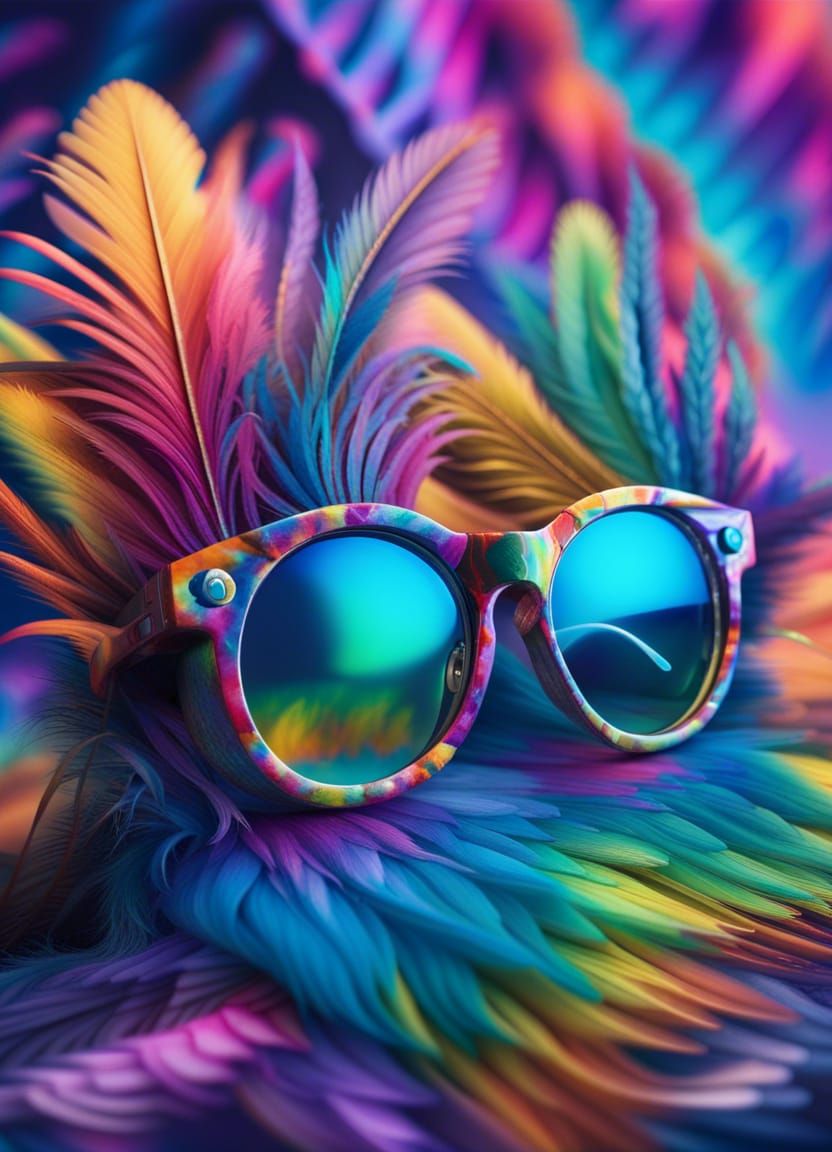 Tie-Dye Paisley Glasses with Feathers, Maximalist Splash Art
