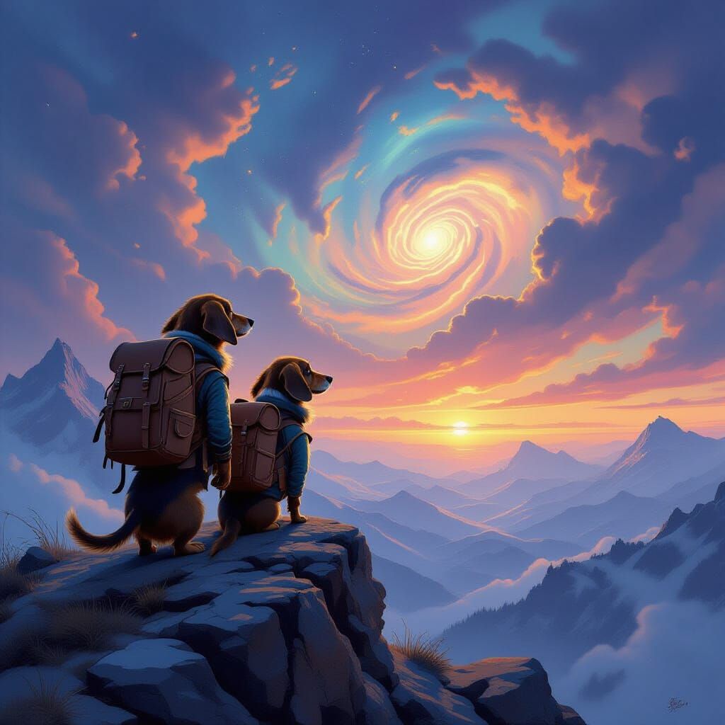 Dachshund Explorers on Mountain Peak at Dawn