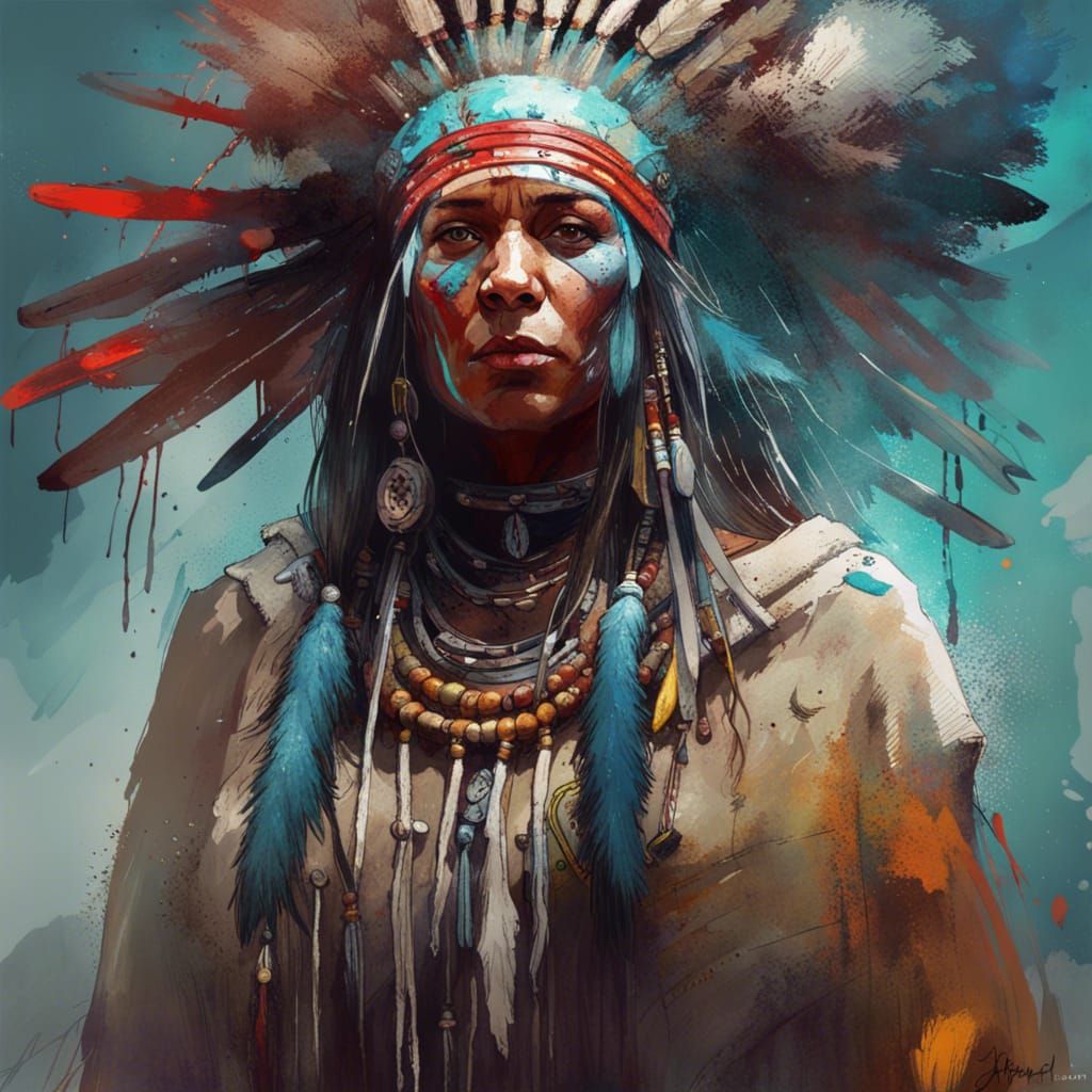 Psychedelic Native American Shaman Woman in Splash Art