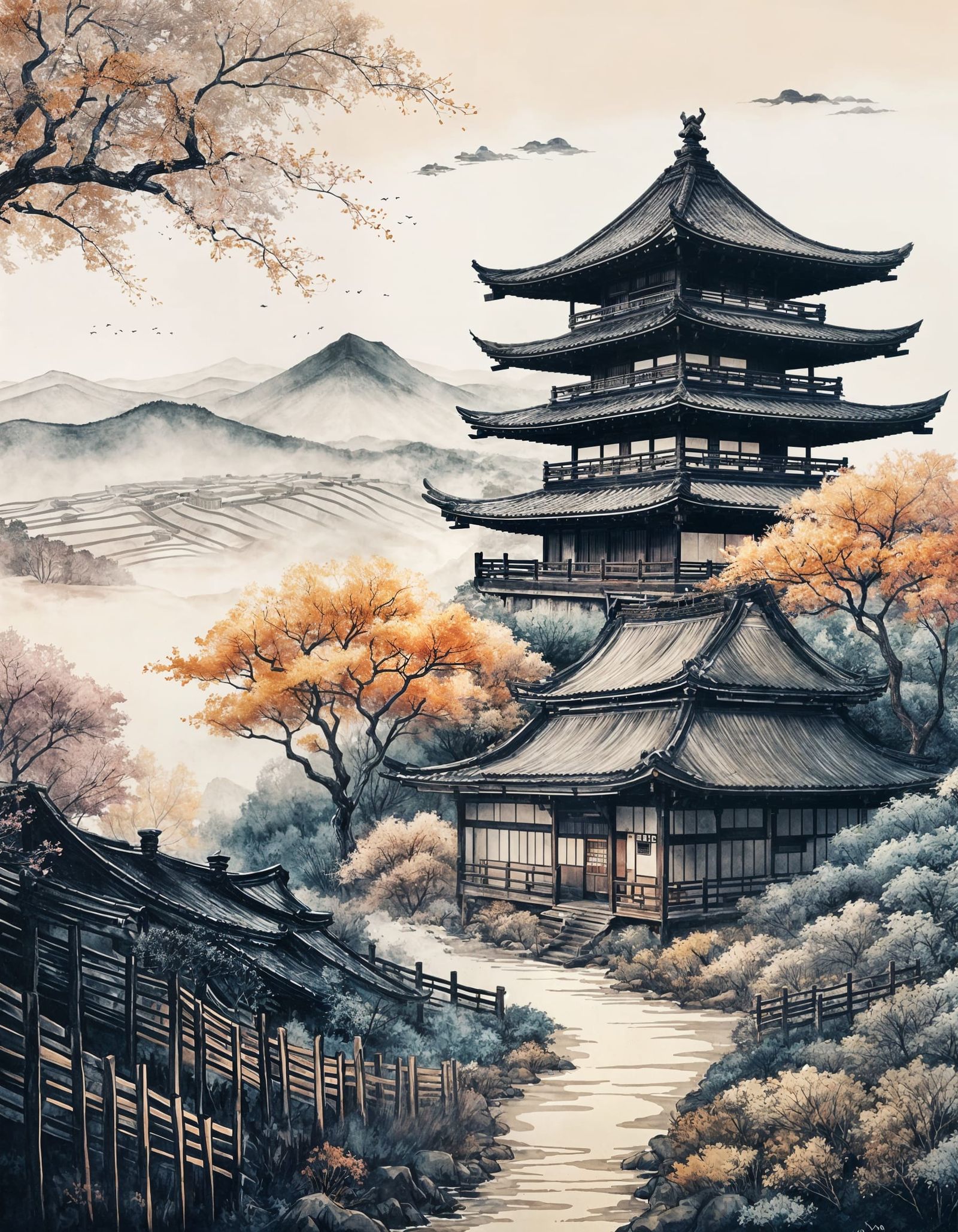 Samurai in Sunset Vineyard Landscape