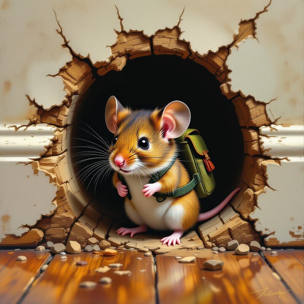 Mouse Peeking Out in Trompe l'Oeil Style