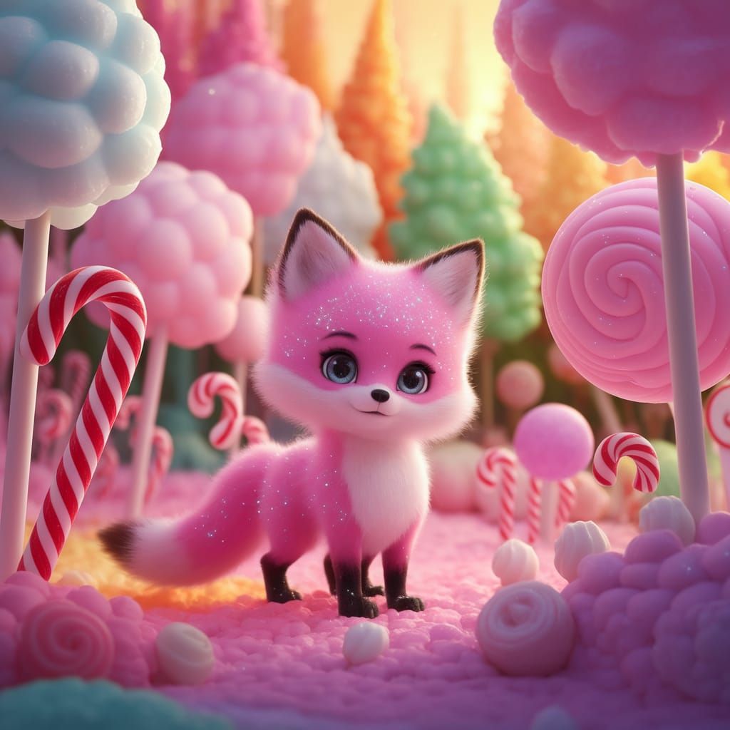 Whimsical Pink Fox in a Vibrant Candy Cane Forest