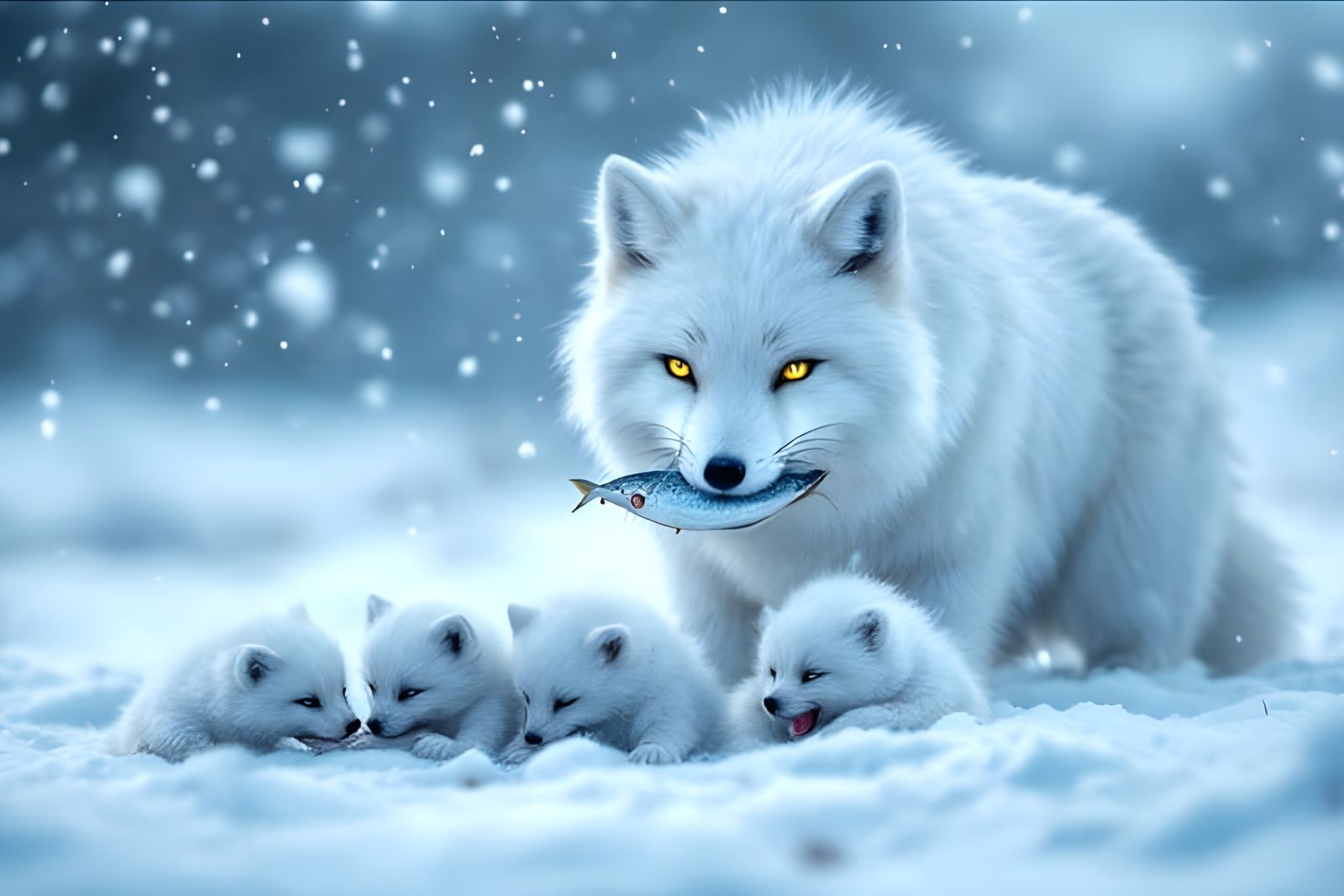 Arctic Fox Mother Feeds Kits in Snowy Landscape