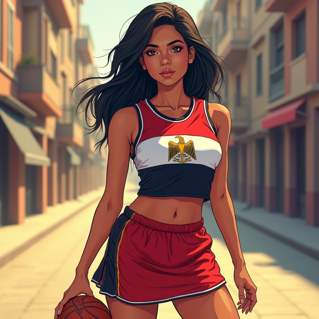 Egyptian Woman in Basketball Jersey, Anime Style