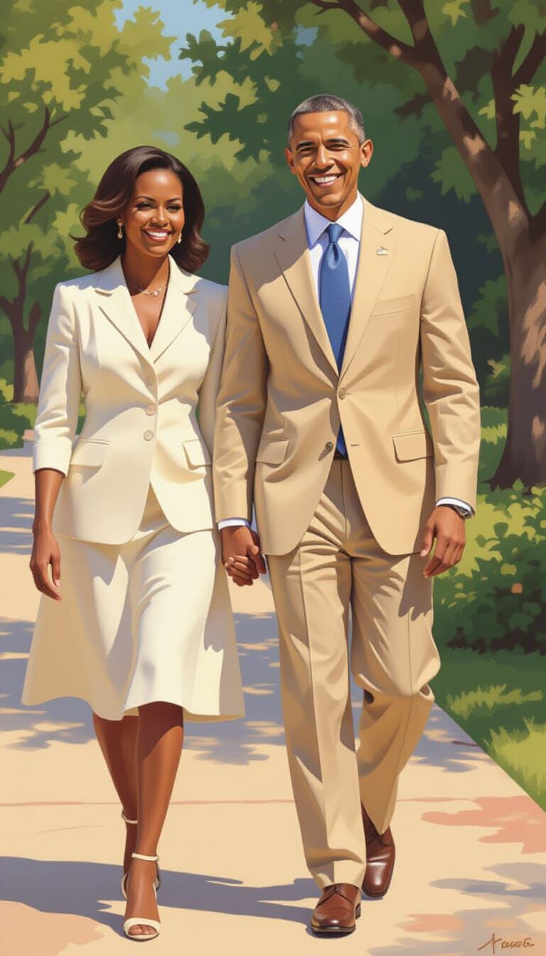 Obama-esque Couple Smiling in Vibrant Outdoor Portrait