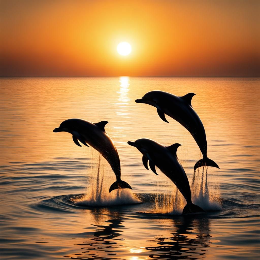 Dolphins Leaping into Sunset