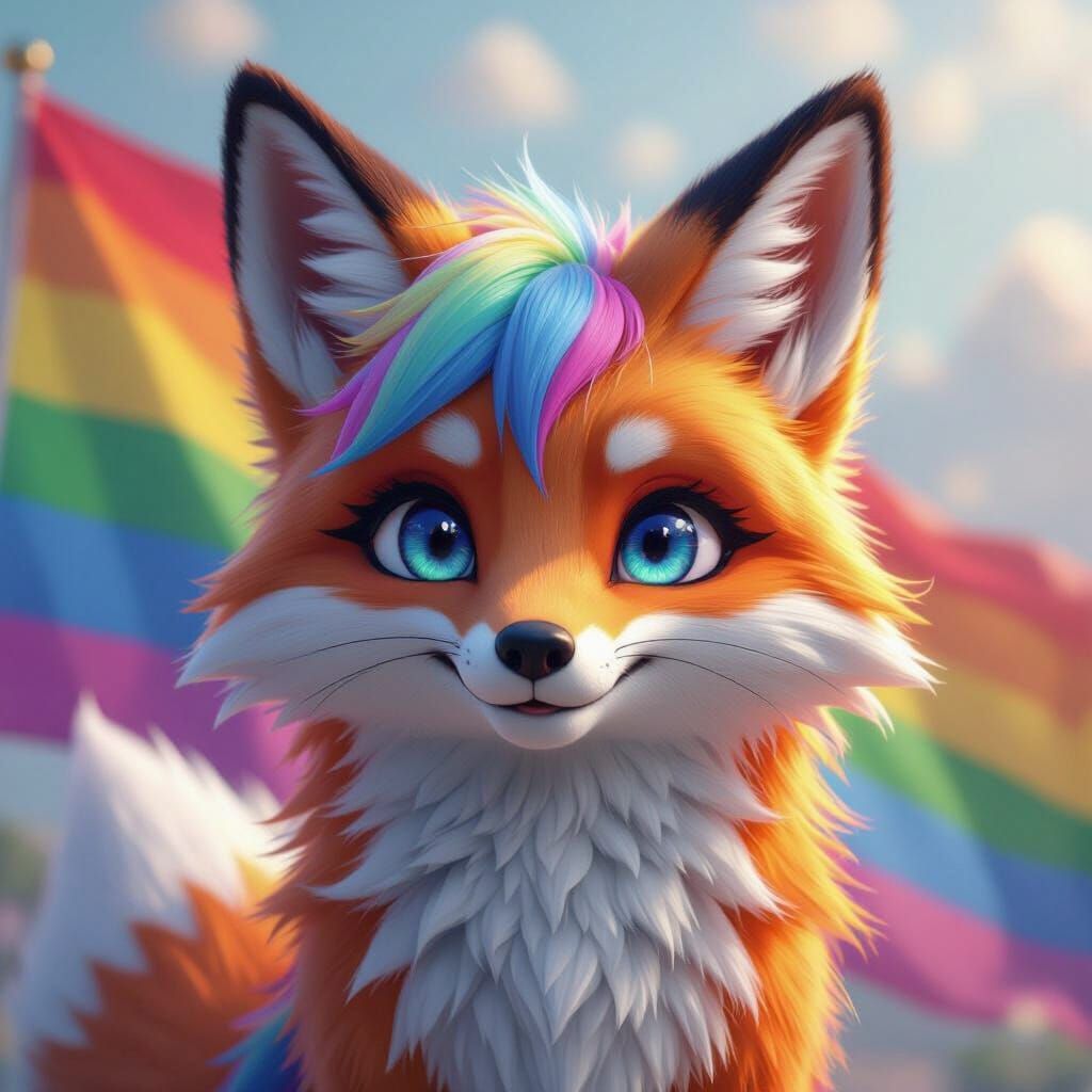 Rainbow Fox with Transgender Pride Flag in 3D Anime Style
