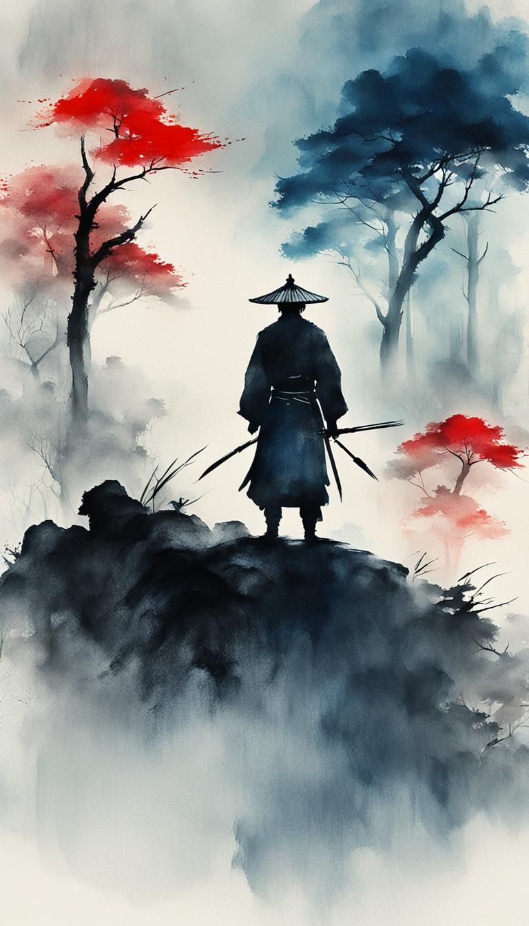 Lone Samurai in Ink Brush Painting Style
