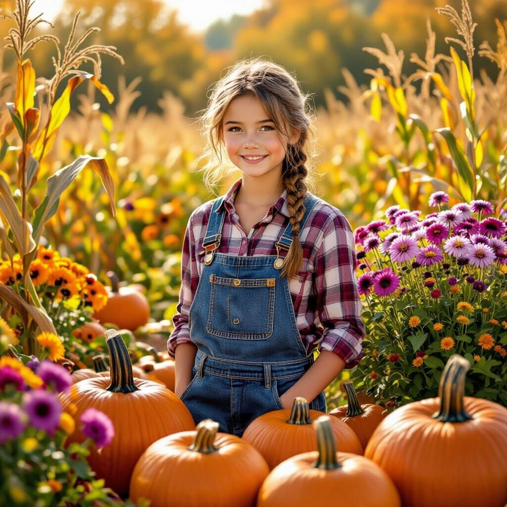 Farm Girl in Autumn Landscape, Pastoral Style