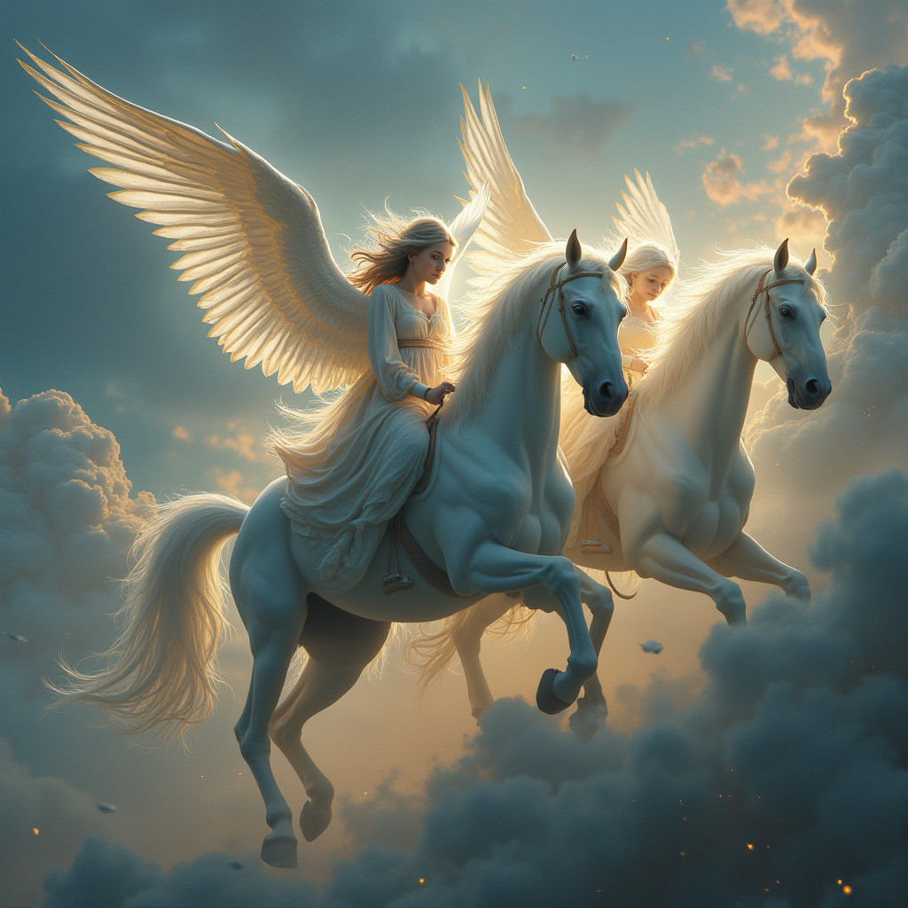 Ethereal Angels on Spectral Horses in Matte Painting Style