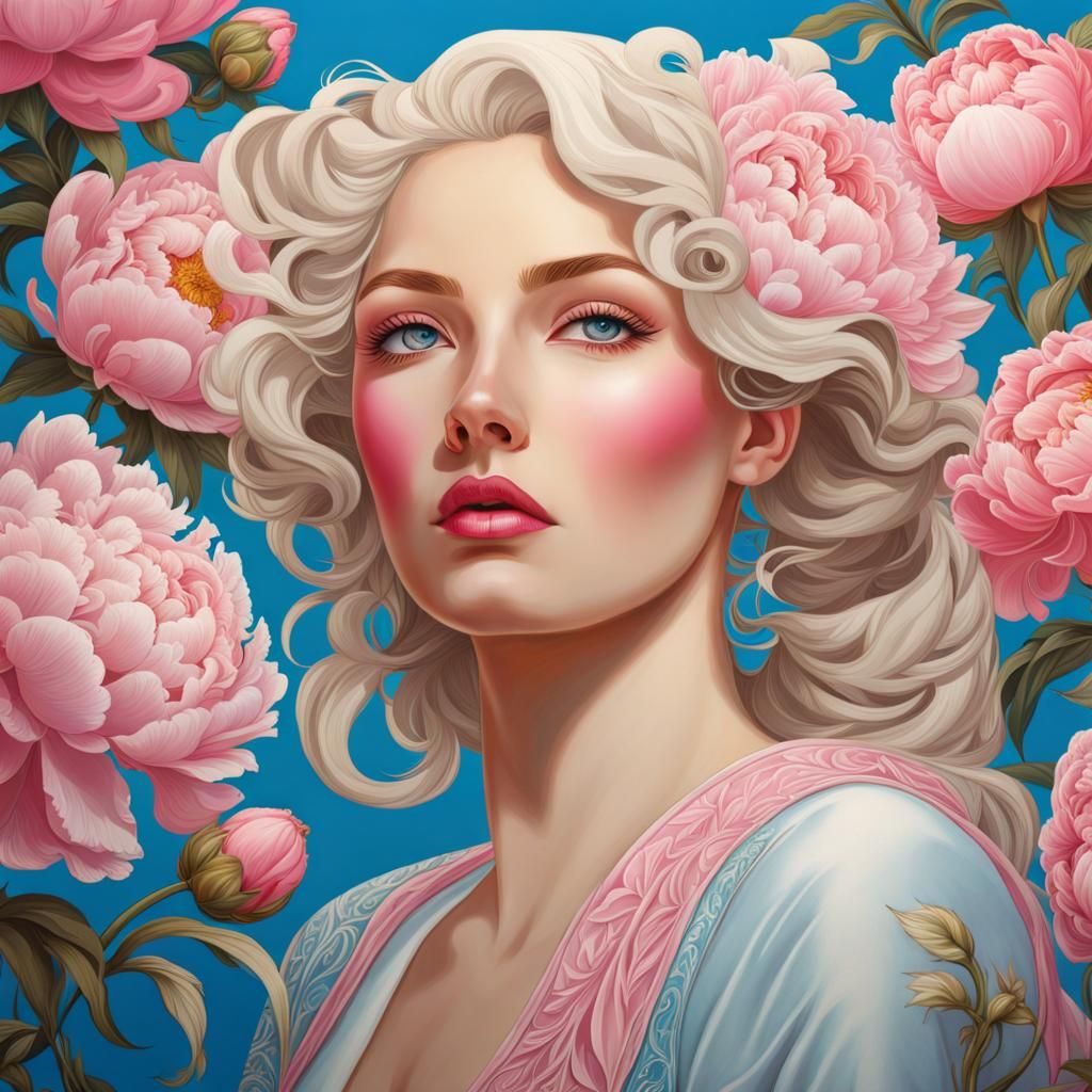 Peonies and Blue-Eyed Woman in Art Nouveau Style