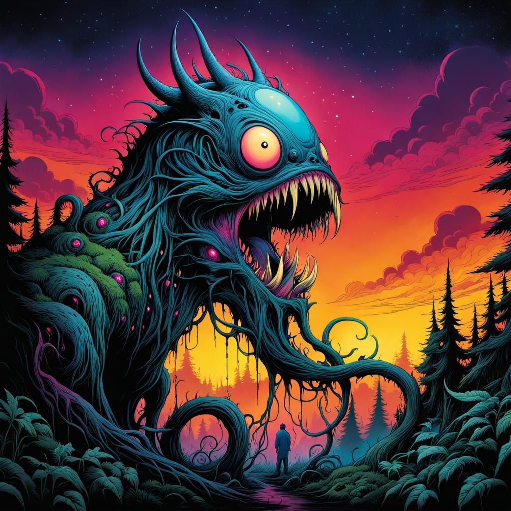 Bizarre Monster in Psychedelic Forest Art