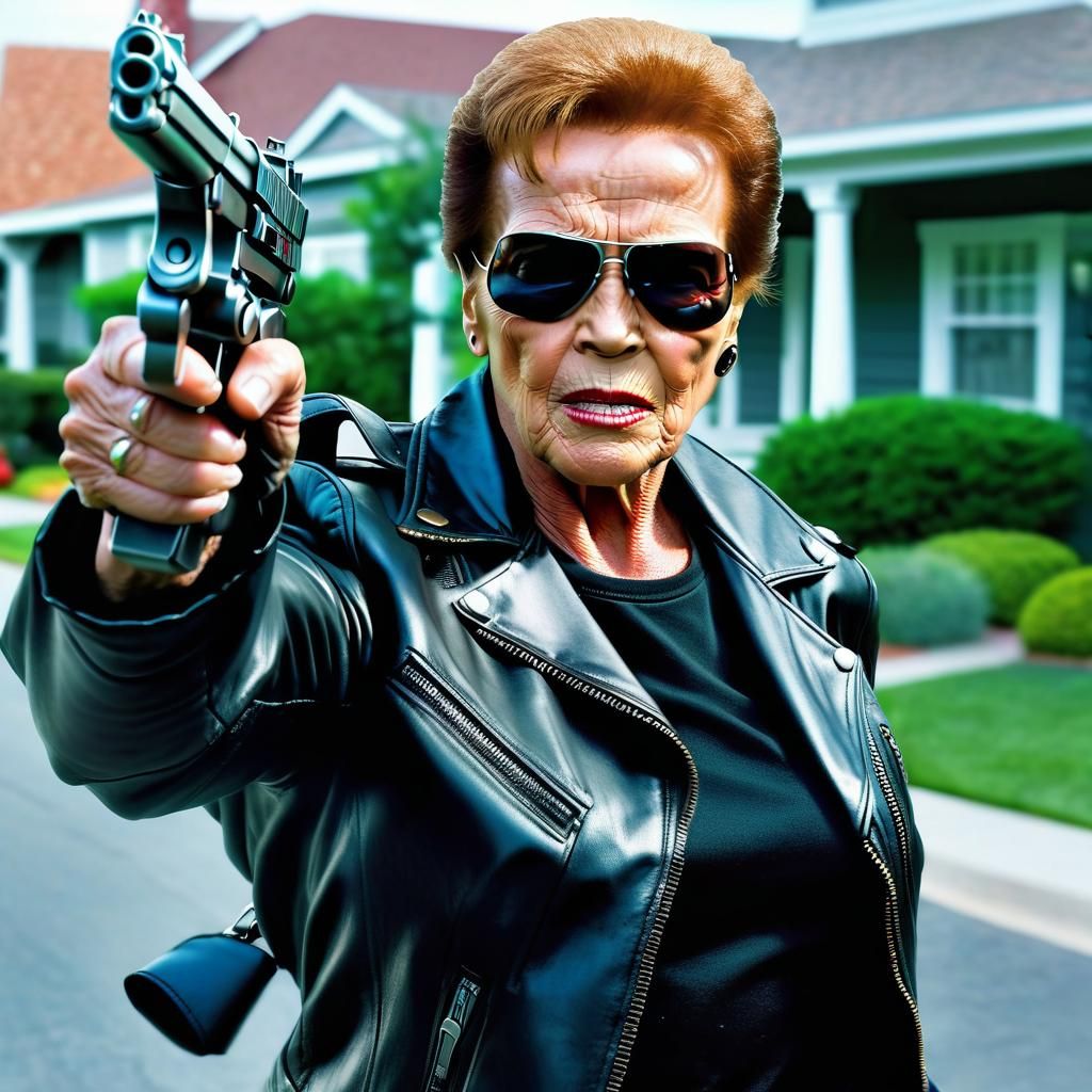 Photorealistic Terminator Grandma Action Shot