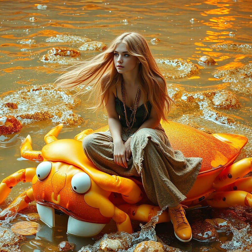 Woman on Gummy Crab in Soda Sea, Neon Futurism Style