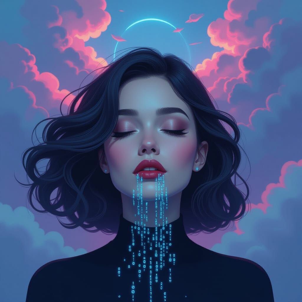 Dreamlike Woman with Binary Secrets, Ethereal Glow