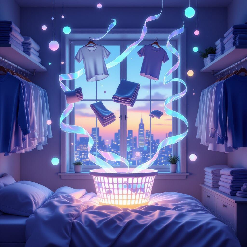 Self-Folding Laundry in Surreal Urban Fantasy Bedroom