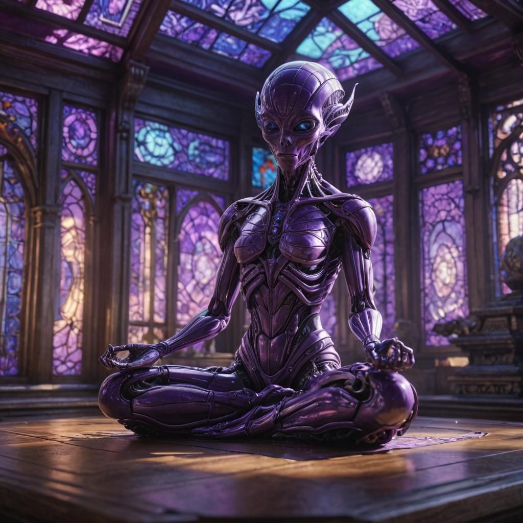 Meditating Alien Idol in Futuristic Temple