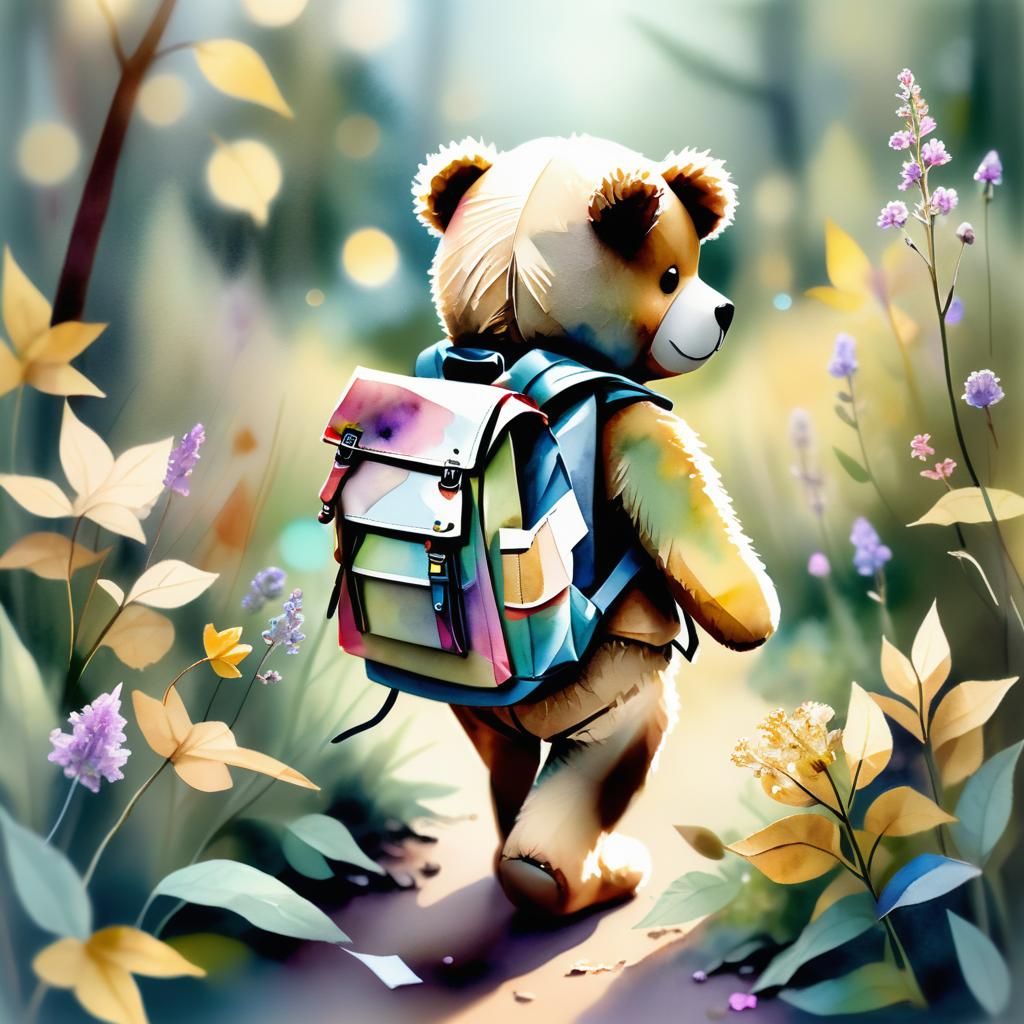 Teddy Bear's Outdoor Adventure in Watercolor Style