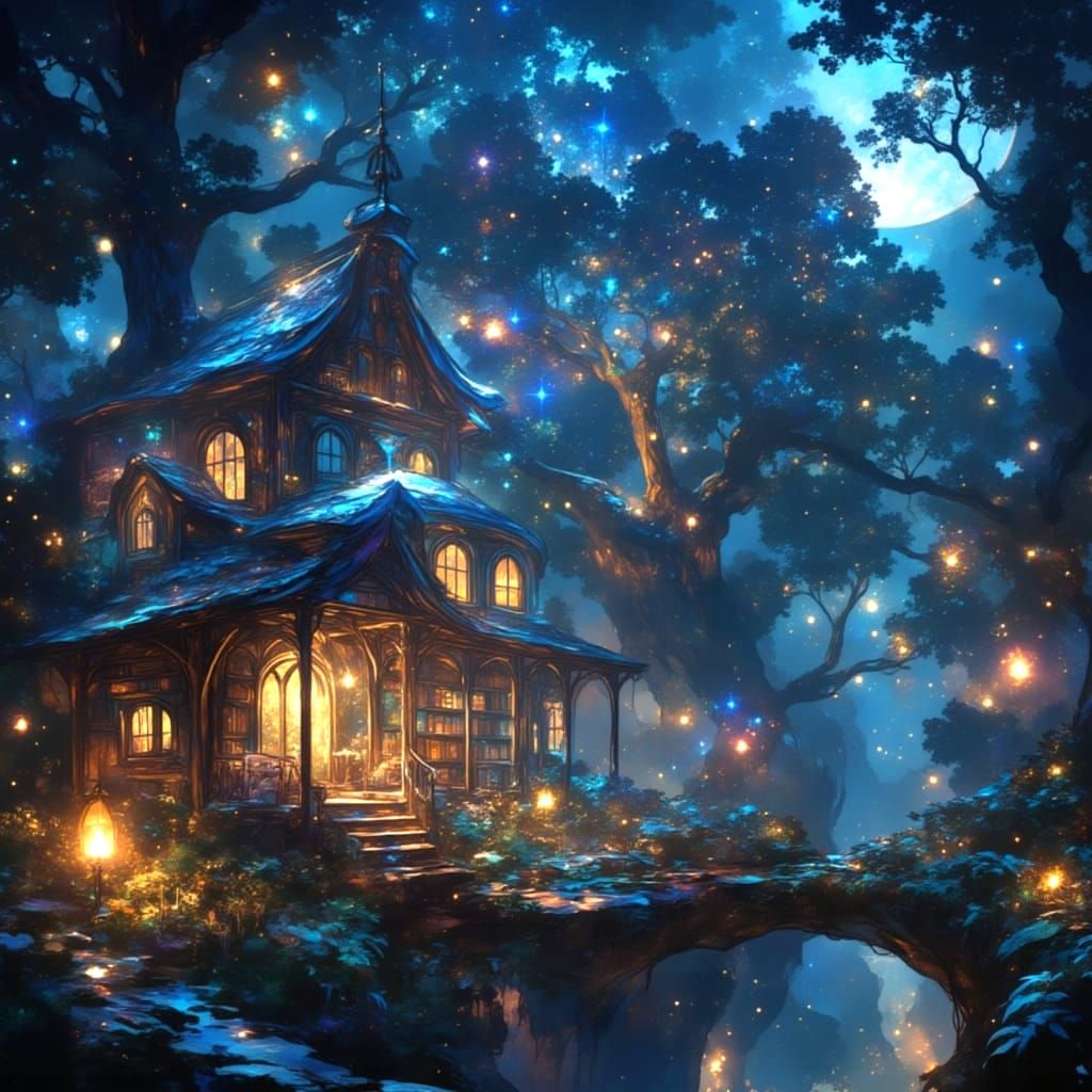 Dreamy Forest Library Under Starry Night Sky