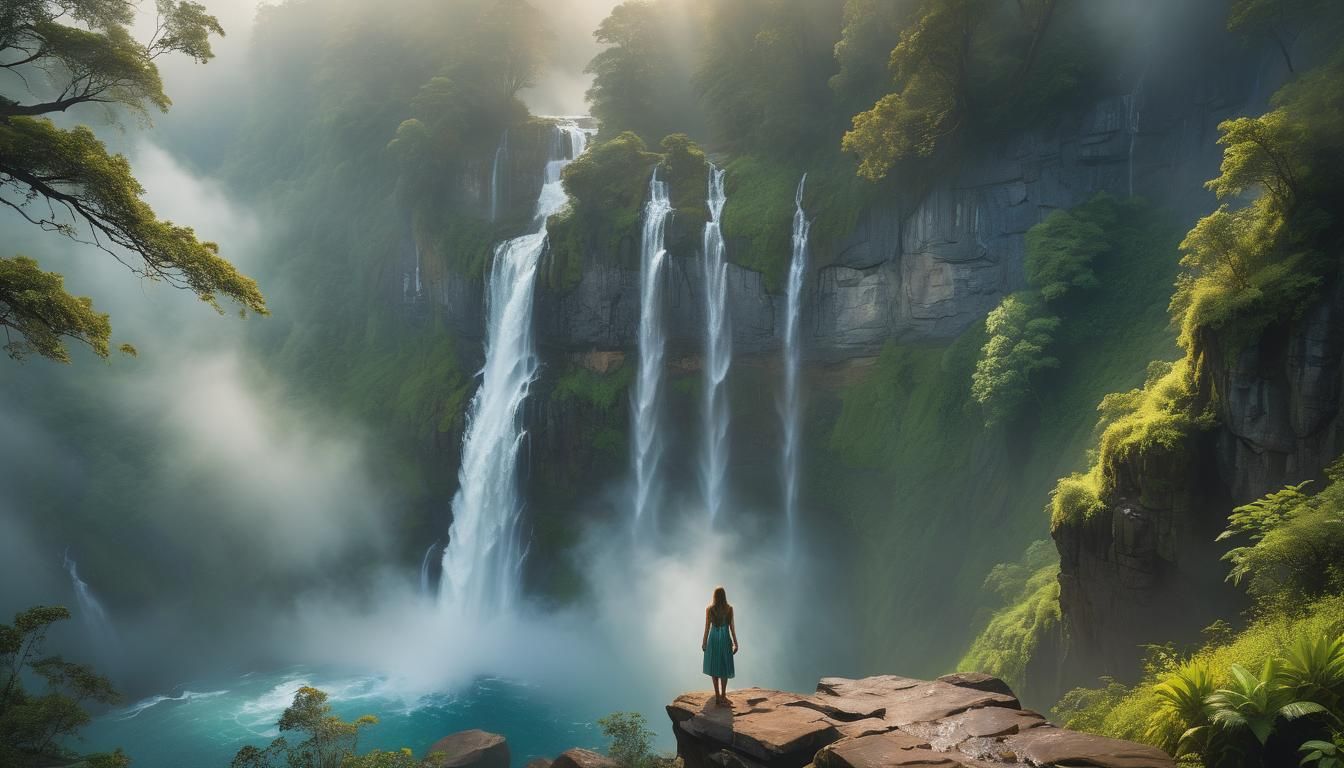 Woman at Waterfall in Lush, Detailed Landscape