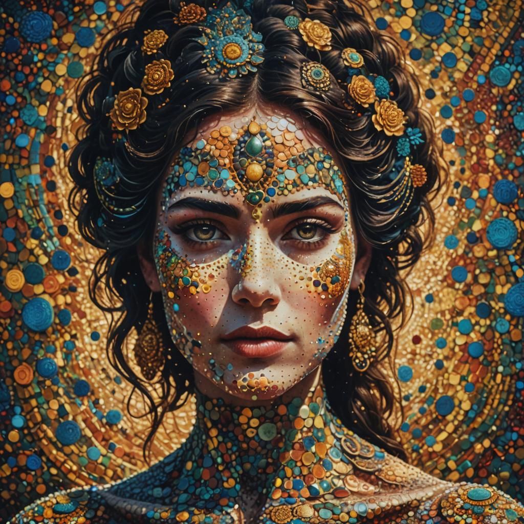 Pointillist Goddess Portrait in Cinematic Style