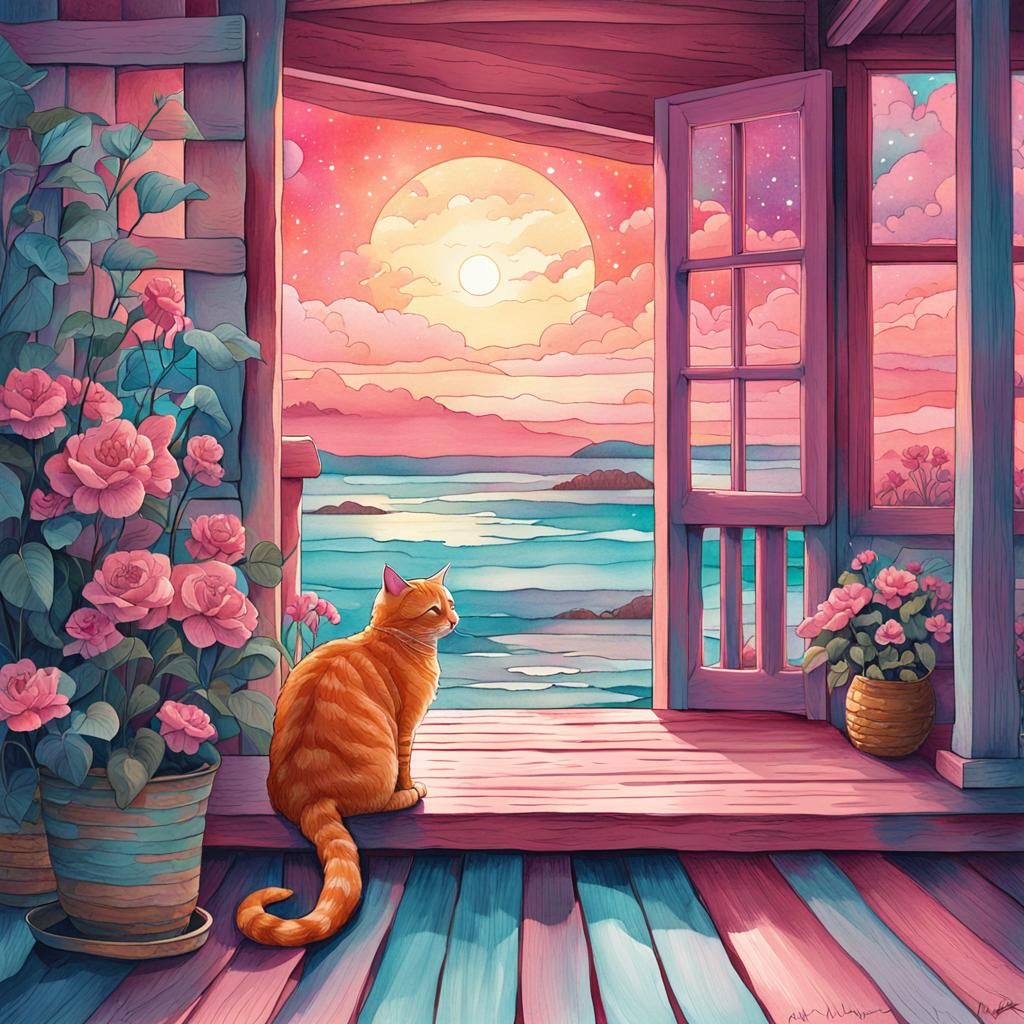 Ginger Cat on Beach Cottage Porch in Watercolor
