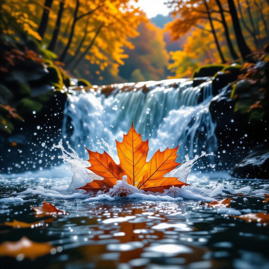 Autumn Waterfall Inside Leaf, Overflowing Landscape