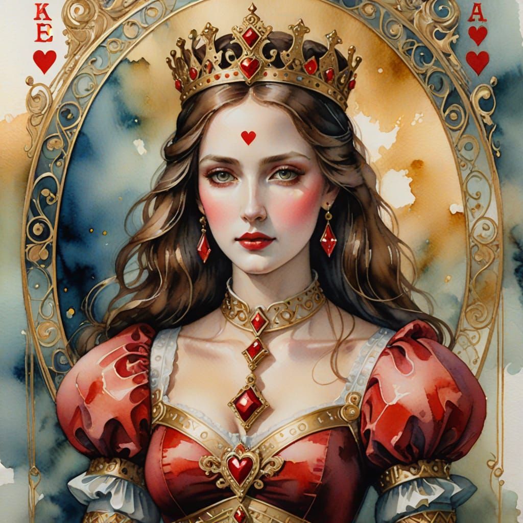 Futuristic Queen of Hearts Playing Card in Romantic Watercol...