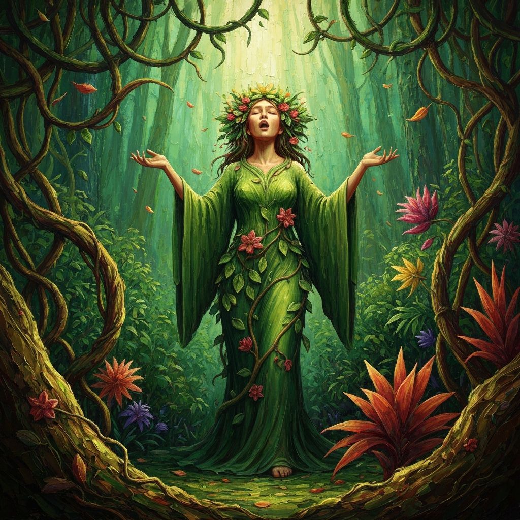 Mother Nature Goddess Sings in Vibrant Forest